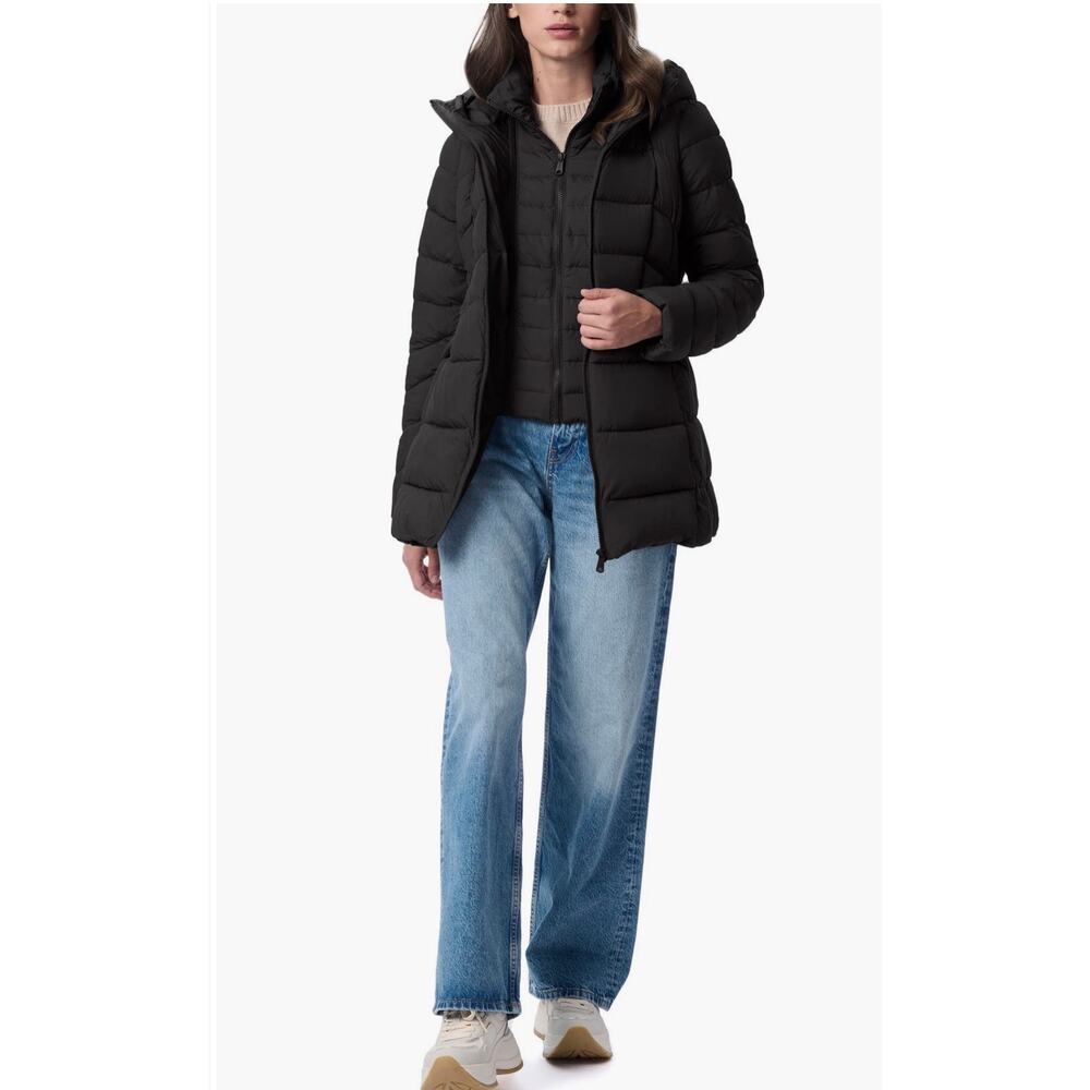 BERNARDO Navy Hooded Puffer Jacket Coat with Bib Size Medium - Picture 2 of 8
